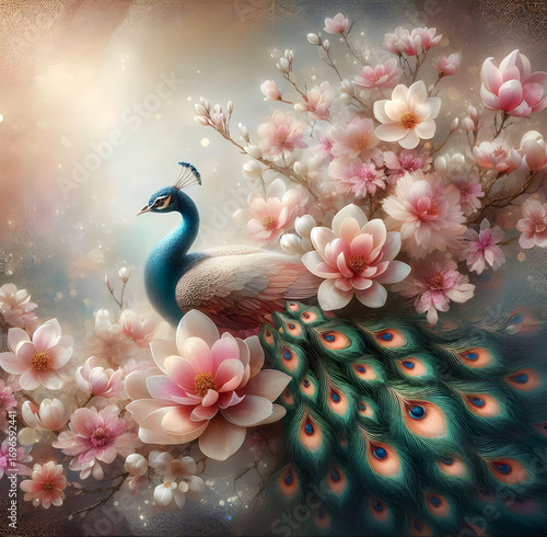 Spring Pastel Magnolia Bloom – Fantasy Blue Peacock Illustration