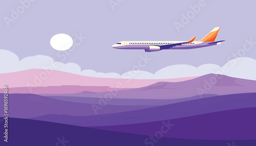 Airplane flying over a majestic purple mountain range during sunrise. Flat vector illustration for travel and transportation