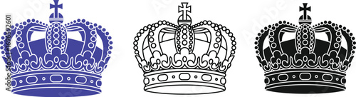 Elegant royal crowns in blue, outline, and black for symbol of power and prestige