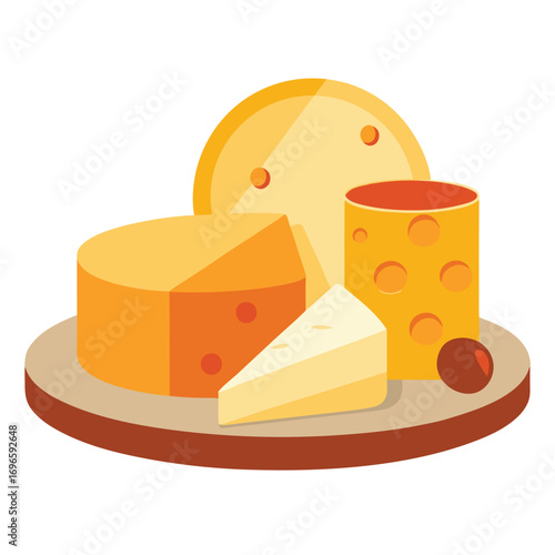 Hard porous cheese big head and sliced piece vector illustration