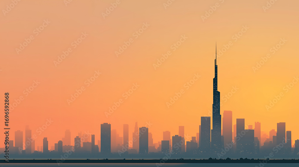 Obraz premium Minimalist skyline with only one tall building visible.