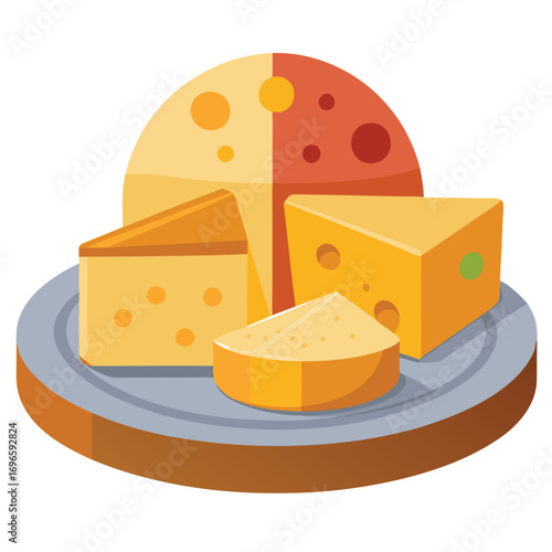Hard porous cheese big head and sliced piece vector illustration