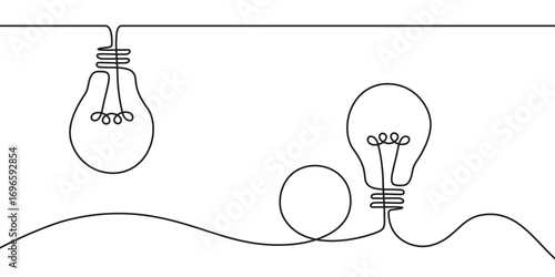 Minimalist one-line drawing of two light bulbs connected by a flowing wire—symbolizing ideas, creativity, and dynamic connection.