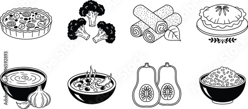 Collection of delicious food illustrations including pies, broccoli, spring rolls, soup, squash, and rice