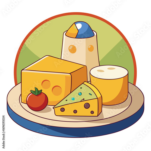 Hard porous cheese big head and sliced piece vector illustration