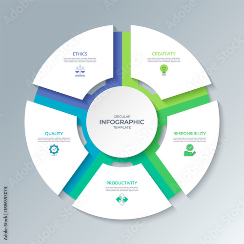 Infographic circle with 5 steps, parts, options. Cycle diagram that can be used for report, business analytics, data visualization, presentation, educational content.
