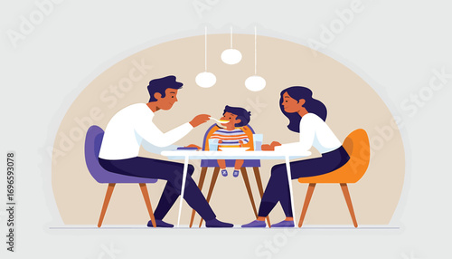 Young parents feeding their cute baby at the dinner table. Happy family mealtime vector illustration concept