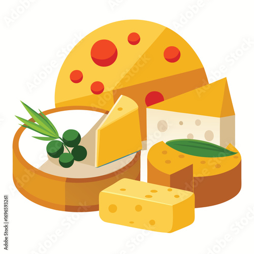Hard porous cheese big head and sliced piece vector illustration