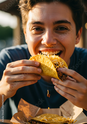 A happy young person enthusiastically eats a delicious hard-shell taco filled with meat and cheese outdoors.