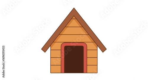 Charming cartoon illustration showcasing a cozy brown dog house with a triangular roof, set against a plain white background for easy use