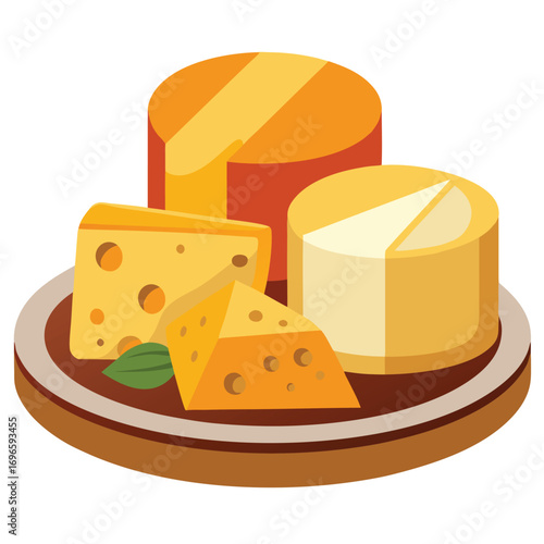 Hard porous cheese big head and sliced piece vector illustration
