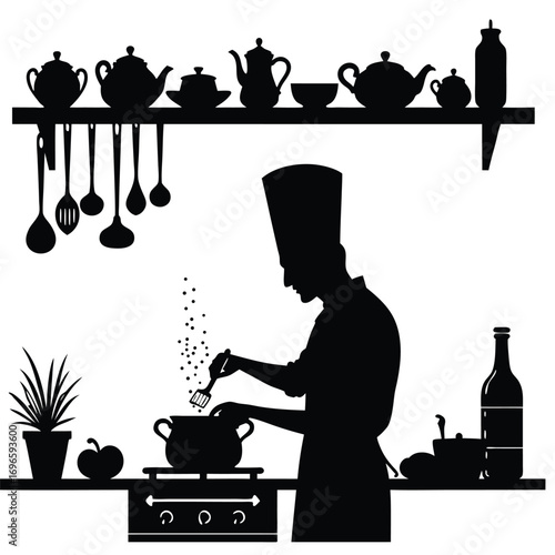 Chef silhouette cooking with steam and bubbles in kitchen