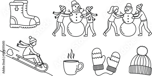 Whimsical winter scene with children building a snowman, sledding, and cozy accessories