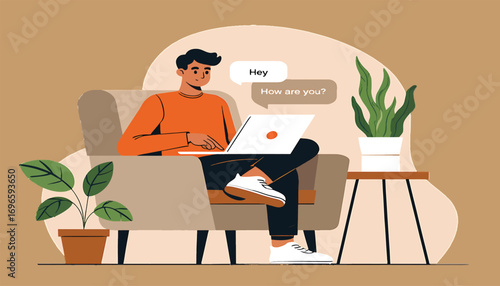 Young man sitting in a cozy armchair and chatting on a laptop. Modern vector illustration of digital communication and remote work lifestyle