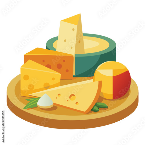 Hard porous cheese big head and sliced piece vector illustration