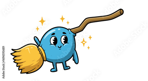 Cute cartoon cleaning broom character illustration with sparkles and happy face design element vector art on transparent background
