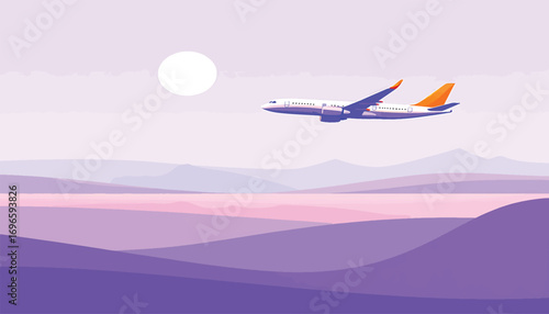 Vector illustration of a passenger plane flying over a tranquil purple mountain landscape at dawn
