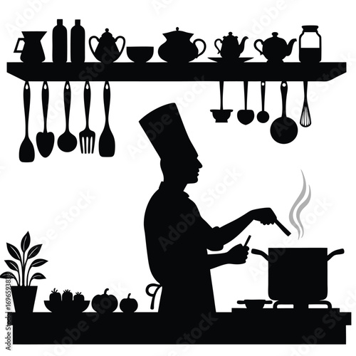 Chef silhouette cooking with steam and kitchenware Keywords: chef, cooking, kitchen, silhouette