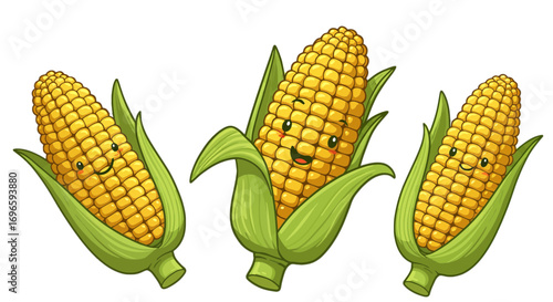 Cute cartoon corn illustration fresh maize vegetable sweetcorn kernels agriculture food healthy nutrition on transparent background