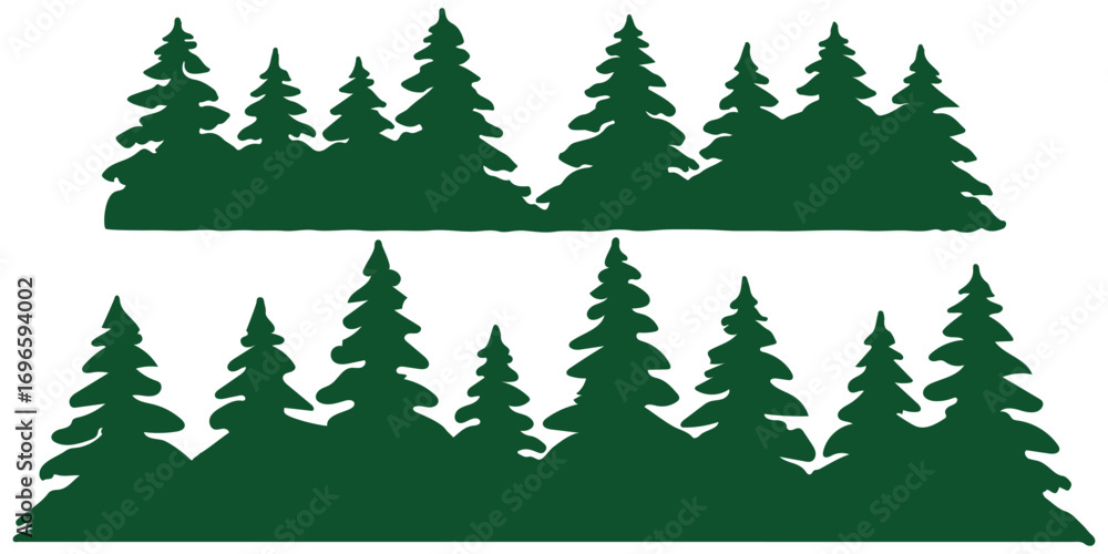 Obraz premium Fir trees silhouettes set. Coniferous spruce horizontal background patterns, black evergreen woods vector illustration. Beautiful hand drawn panorama with treetops forest. Black pine woods Forest
