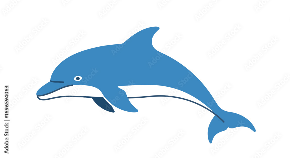 Fototapeta premium Elegant blue dolphin illustration gracefully gliding through the boundless ocean depths gracefully, isolated against a pristine white backdrop