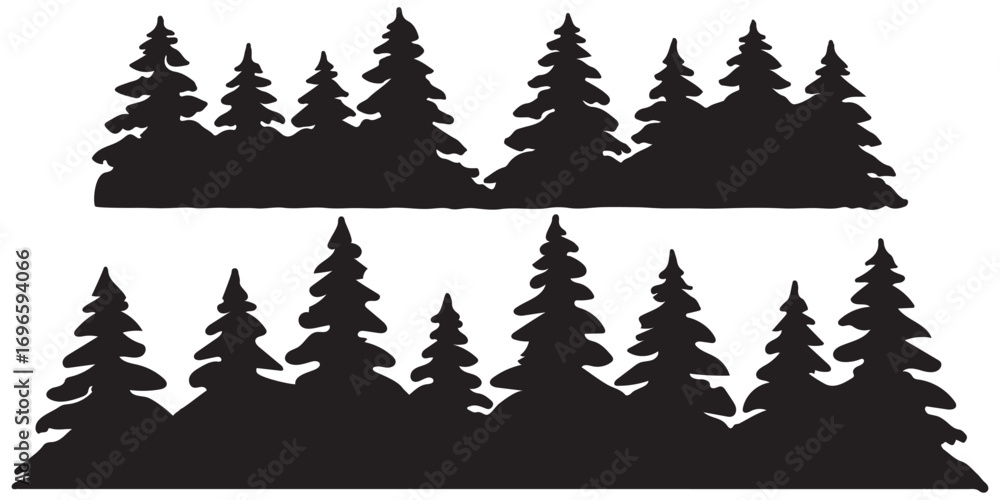 Obraz premium Fir trees silhouettes set. Coniferous spruce horizontal background patterns, black evergreen woods vector illustration. Beautiful hand drawn panorama with treetops forest. Black pine woods Forest