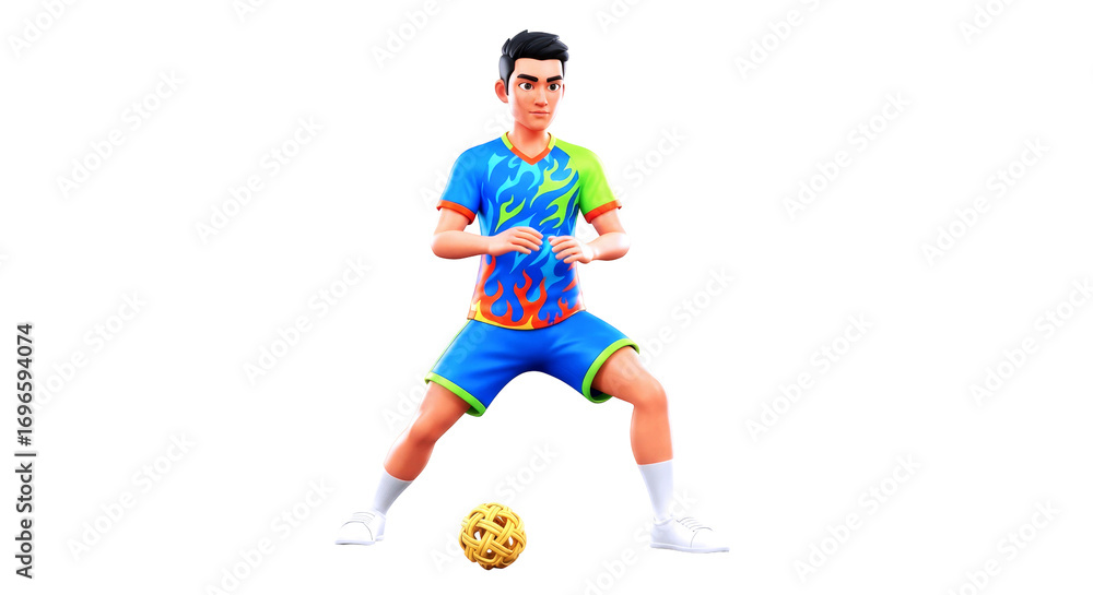 Naklejka premium 3d cartoon sepak takraw player mastering the serve, dynamic pose, intense focus, and unwavering determination, isolated on transparent background