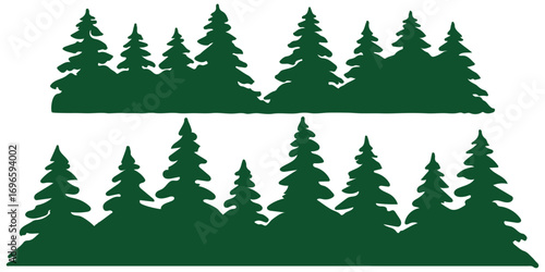 Fir trees silhouettes set. Coniferous spruce horizontal background patterns, black evergreen woods vector illustration. Beautiful hand drawn panorama with treetops forest. Black pine woods Forest