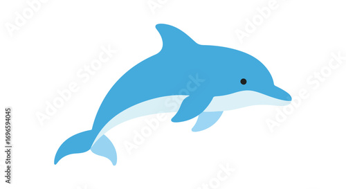 Illustrative cartoon rendering of a blue dolphin leaping gracefully against a pristine white background showcasing simplistic design and smooth