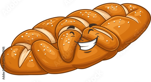 Cartoon braided bread loaf happy face food bakery baked goods delicious tasty fresh breakfast snack pastry on transparent background