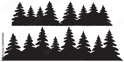 Fir trees silhouettes set. Coniferous spruce horizontal background patterns, black evergreen woods vector illustration. Beautiful hand drawn panorama with treetops forest. Black pine woods Forest