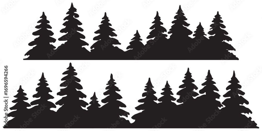 Fototapeta premium Fir trees silhouettes set. Coniferous spruce horizontal background patterns, black evergreen woods vector illustration. Beautiful hand drawn panorama with treetops forest. Black pine woods Forest