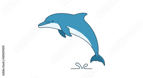 Animated azure dolphin playfully leaps from a whimsical water line in joyful illustration