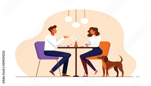 Couple Enjoying Coffee and Conversation at a Cozy Cafe with a Dog