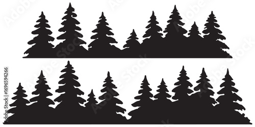 Fir trees silhouettes set. Coniferous spruce horizontal background patterns, black evergreen woods vector illustration. Beautiful hand drawn panorama with treetops forest. Black pine woods Forest