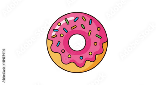Cartoon-styled donut with vibrant pink frosting and colorful sprinkles illustration isolated on a plain backdrop for diverse use