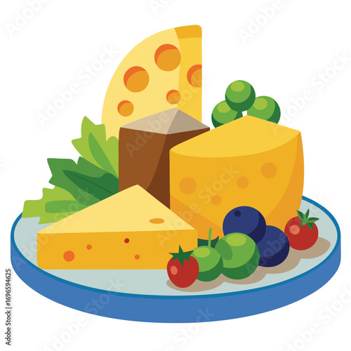 Hard porous cheese big head and sliced piece vector illustration