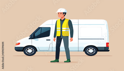 Male contractor in a hard hat and safety vest stands next to a white cargo van for transport and delivery services