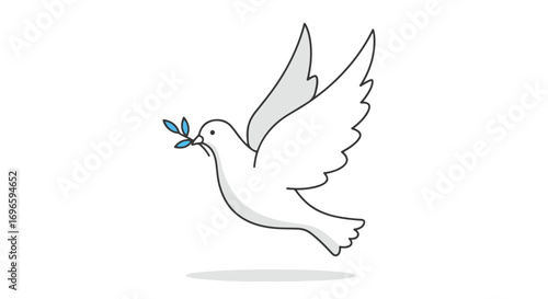 Stylized white dove in flight carrying an olive branch symbolising peace and harmony a minimalist symbolic design against a clean white backdrop