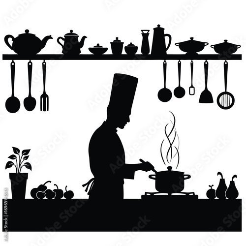 Chef silhouette cooking with steam and pears in kitchen