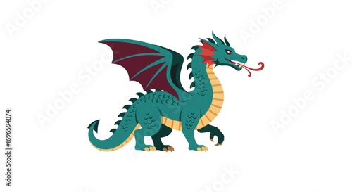 A stylized teal dragon with maroon wings stands against a stark white background in cartoon vector art