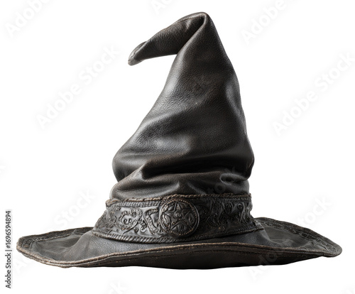 Dark, pointed wizard's hat with leather trim