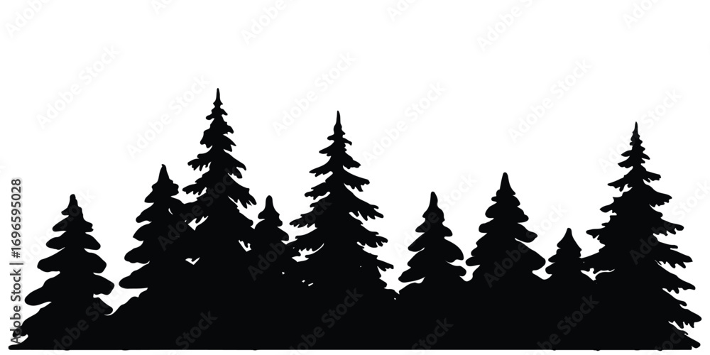 Fototapeta premium Silhouette of Forest of Christmas fir trees vector icon set illustration isolated on white background. pine tree forest silhouette vector illustration, Fir trees icon set. set of forest trees. vector