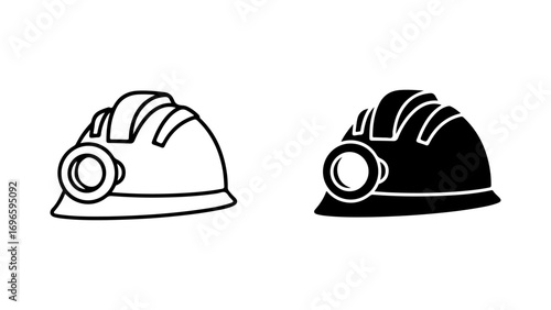 Mining Helmet with Headlamp Icon, Outline and Silhouette Versions