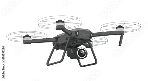 Illustration of a modern drone with camera and visible propellers against a plain backdrop aerial technology