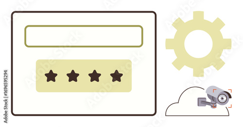 Password entry with four stars, cloud with a CCTV camera, and gear icon. Ideal for technology, cybersecurity, surveillance, privacy, data storage cloud security online protection. Simple flat