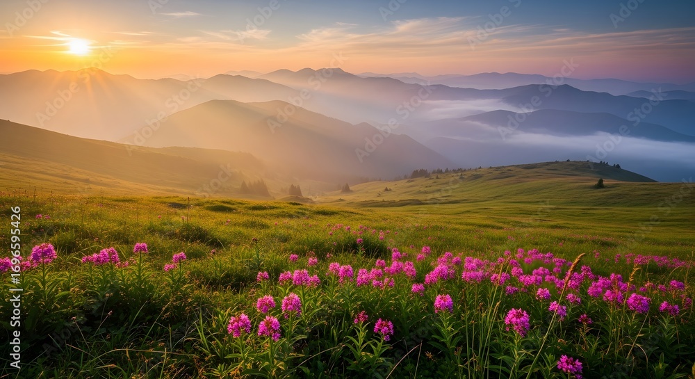 Obraz premium Wildflower meadow with misty mountains at sunrise wildflowers