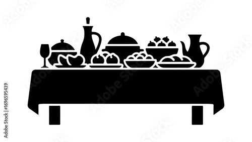 Silhouette of a Festive Dining Table Laden with Food and Drinks