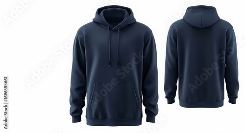 Two views of a navy blue hoodie isolated on white background