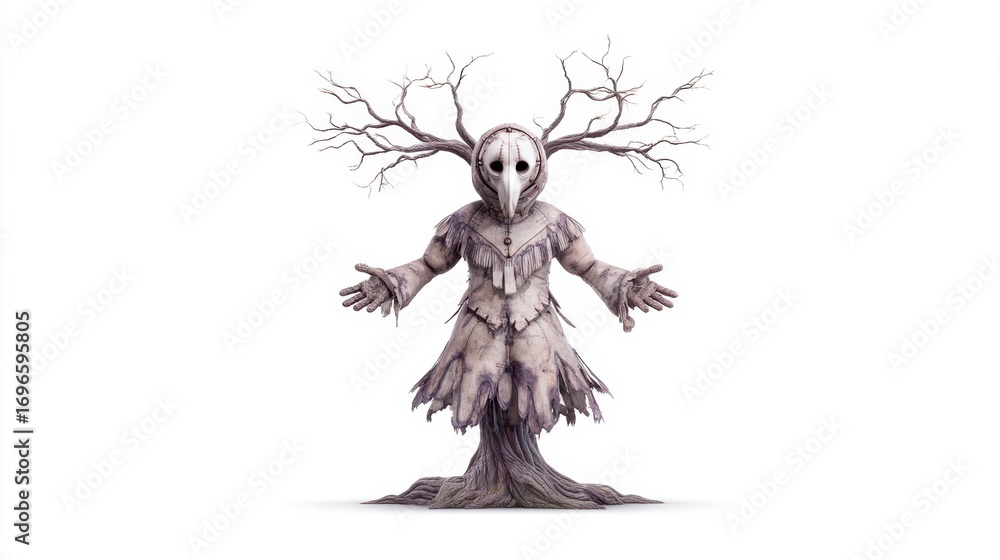 Fototapeta premium A mysterious figure resembling a tree with branches for arms and a mask-like face, blending elements of nature and fantasy with space for text, Halloween teddy bear